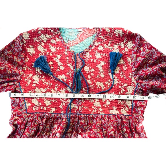 Indian Boho Block Print Hand Stitched Red Kantha Bodice Maxi Dress Sz Small - Picture 8 of 11